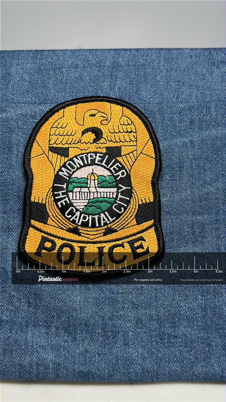 Montpelier Police Collectable Sew-On Patch: Yellow Badge - Law Enforcement Accessory with ruler overlay for size reference