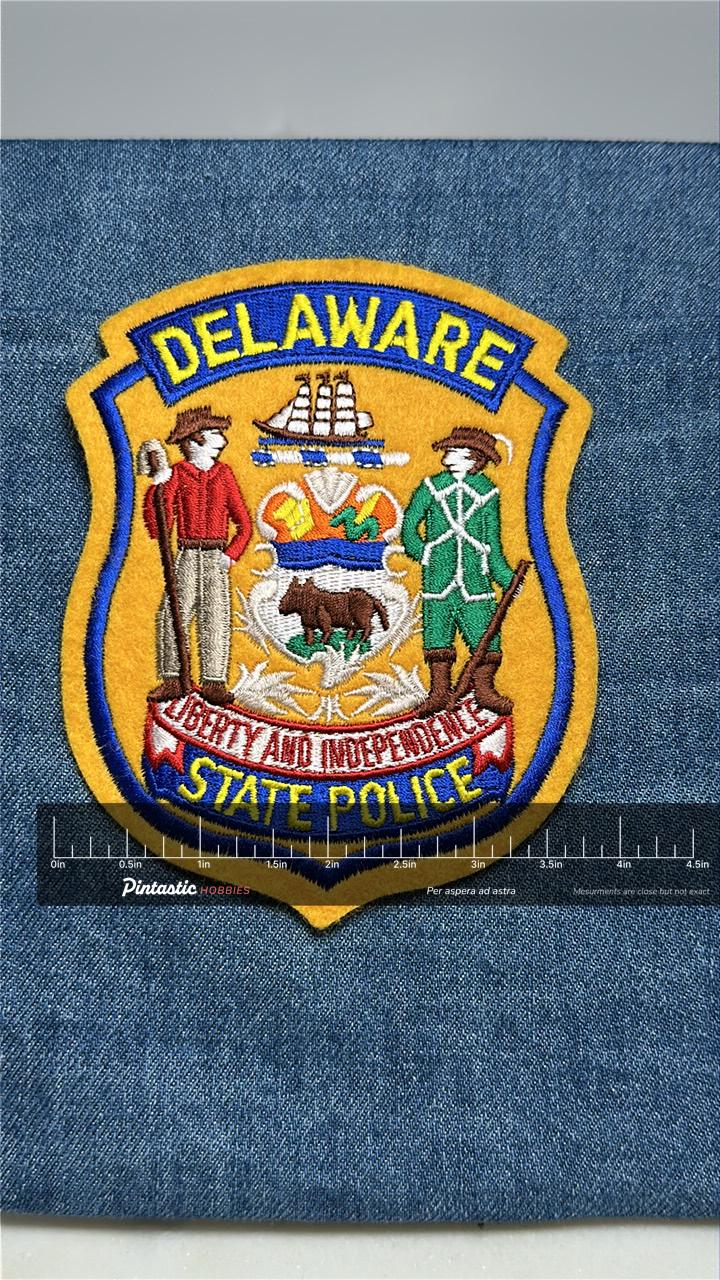 Delaware State Police Collectable Iron-On Patch: Embroidered Shield - Vintage Law Enforcement Accessory with ruler overlay fo