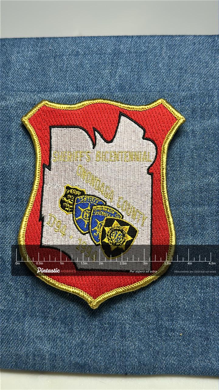 Onondaga County Sheriff Collectable Sew-On Patch: Red Shield - 1994 Bicentennial Accessory with ruler overlay for size refere