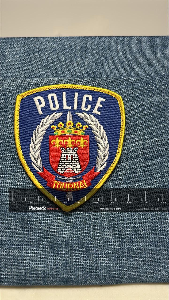 Tournai Police Collectable Iron-On Patch: Shield - European Law Enforcement Accessory with ruler overlay for size reference