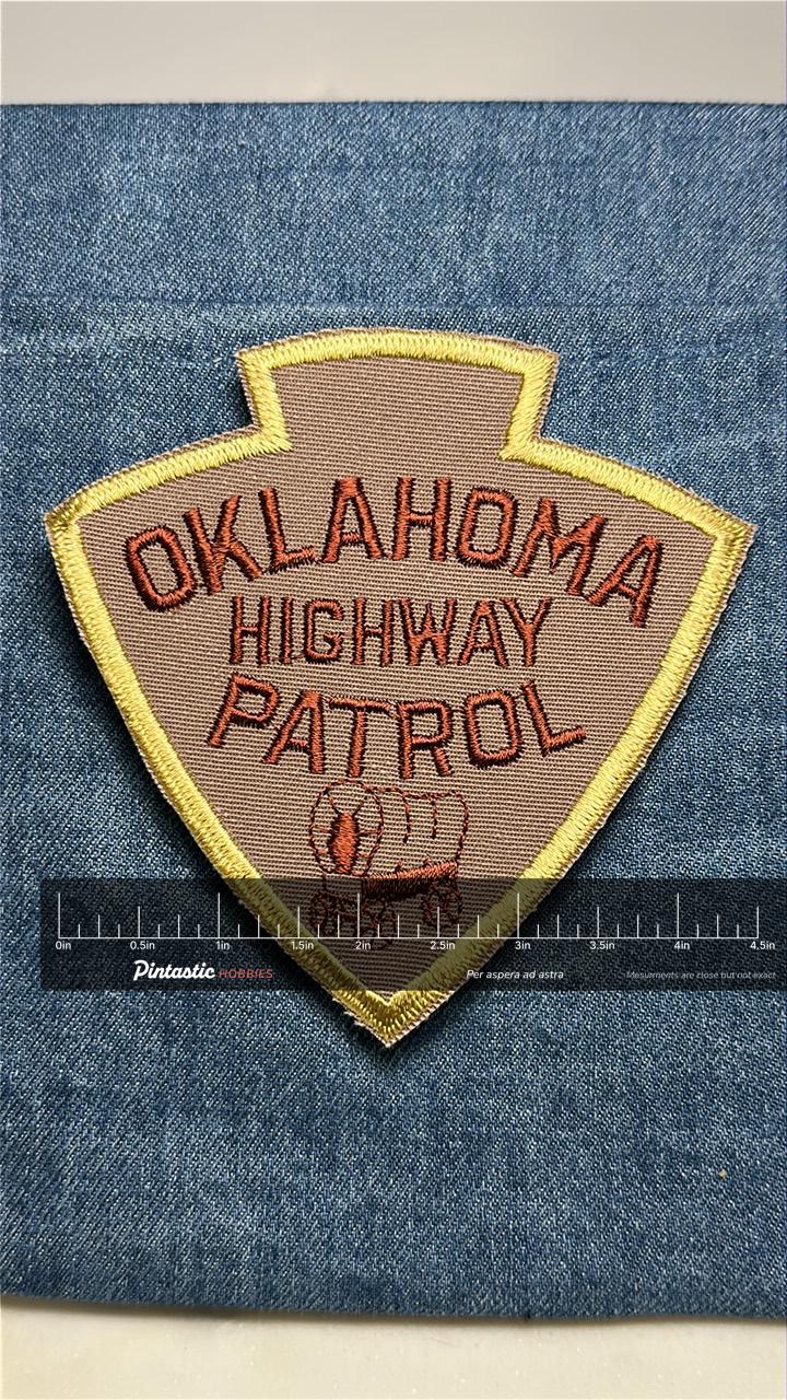 Oklahoma Highway Patrol Collectable Sew-On Patch: Brown Gold - Vintage Law Enforcement Accessory with ruler overlay for size 