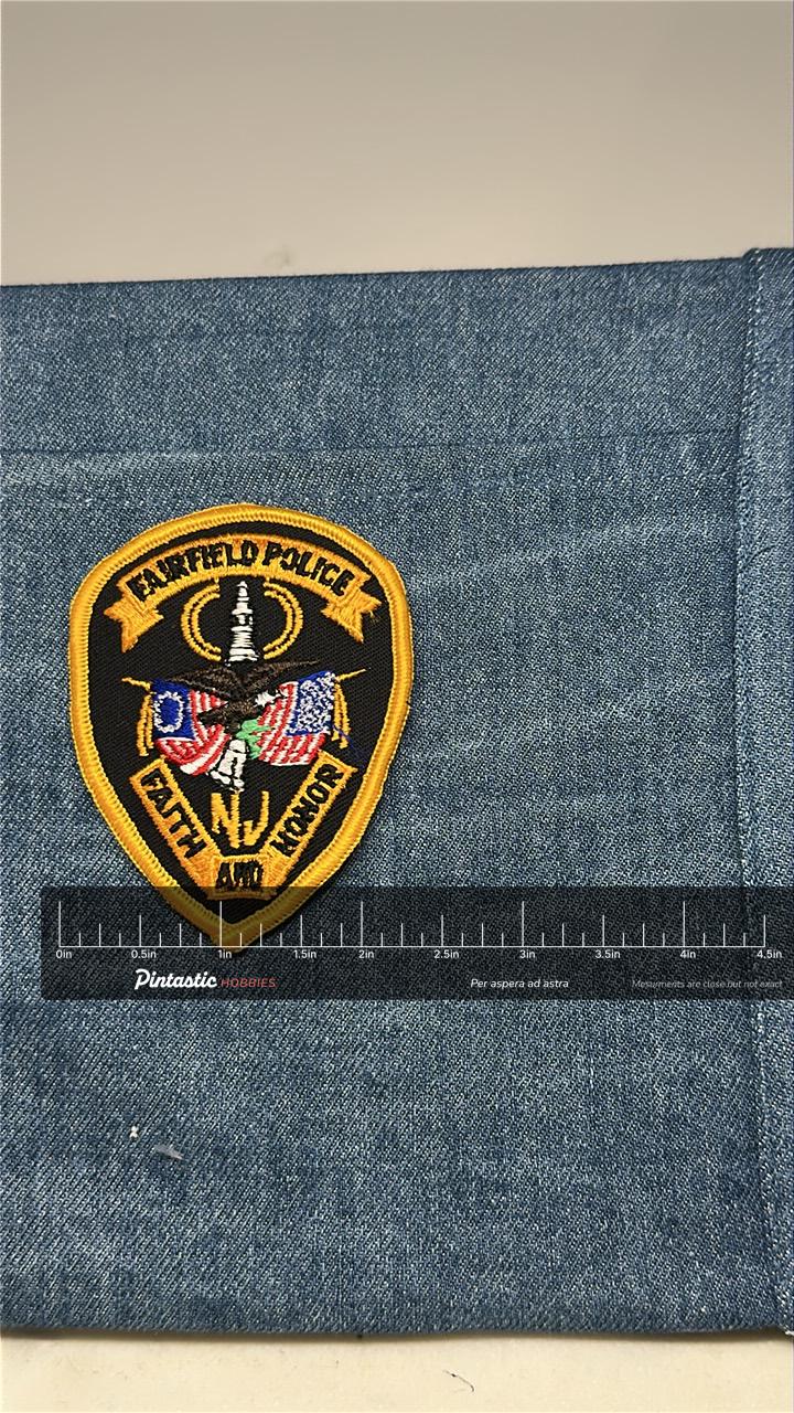 Fairfield Police Collectable Patch: Iron-On Black/Gold Shield - Law Enforcement Accessory with ruler overlay for size referen