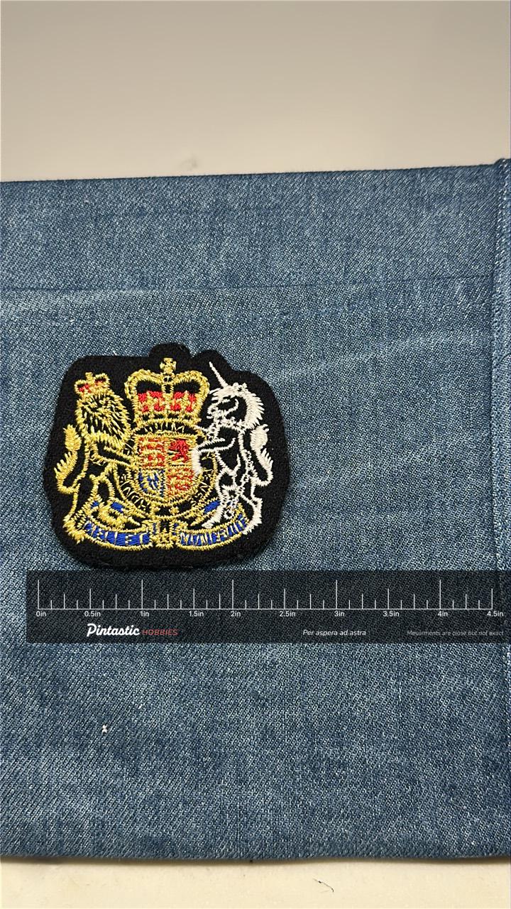Royal Coat of Arms Collectable Patch: Sew-On Gold Metallic - Heraldic Accessory with ruler overlay for size reference