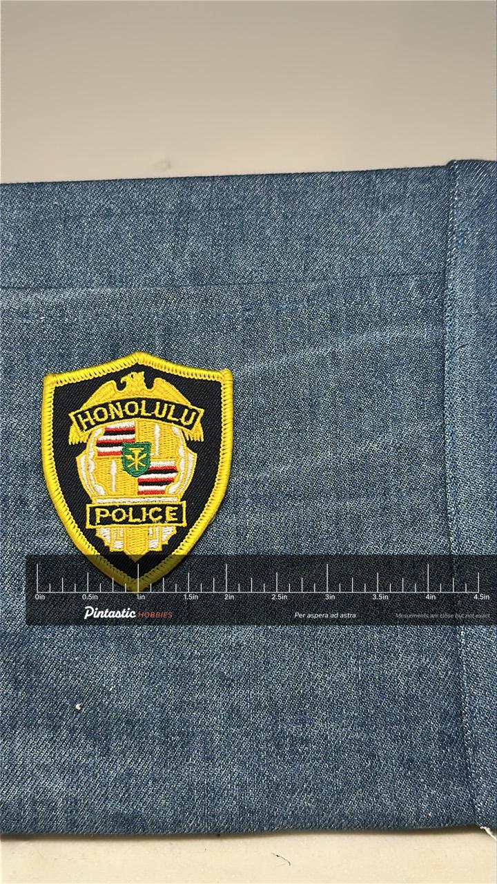 Honolulu Police Collectable Patch: Iron-On Shield Yellow Trim - Vintage Accessory with ruler overlay for size reference