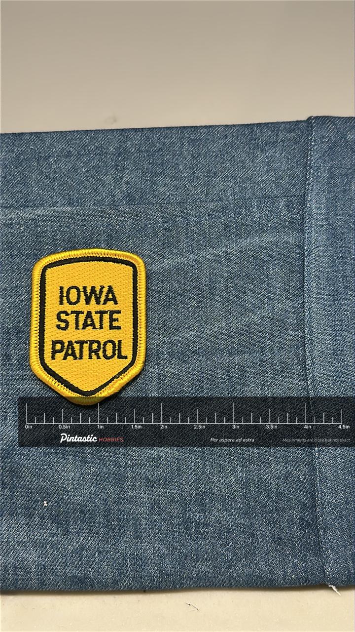 Iowa State Patrol Collectable Patch: Iron-On Yellow Shield - Vintage Law Accessory with ruler overlay for size reference