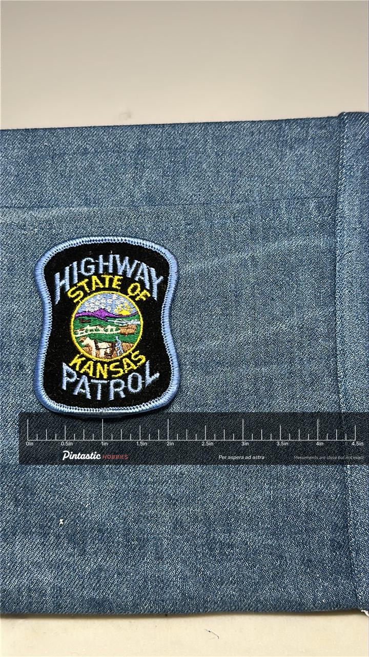 Kansas Highway Patrol Collectable Patch: Iron-On Black Color - Law Enforcement Accessory with ruler overlay for size referenc