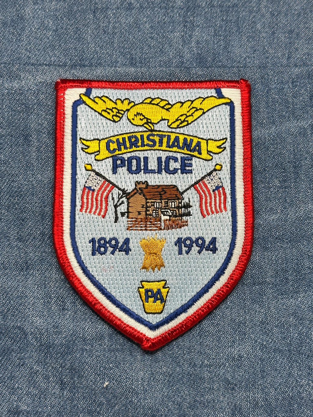 Christiana Police Collectable Patch: Iron-On Shield Red-White-Blue - 1994 Souvenir