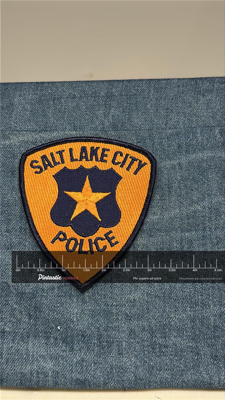 Salt Lake City Police Collectable Patch: Sew-On Gold & Navy - Vintage Accessory with ruler overlay for size reference