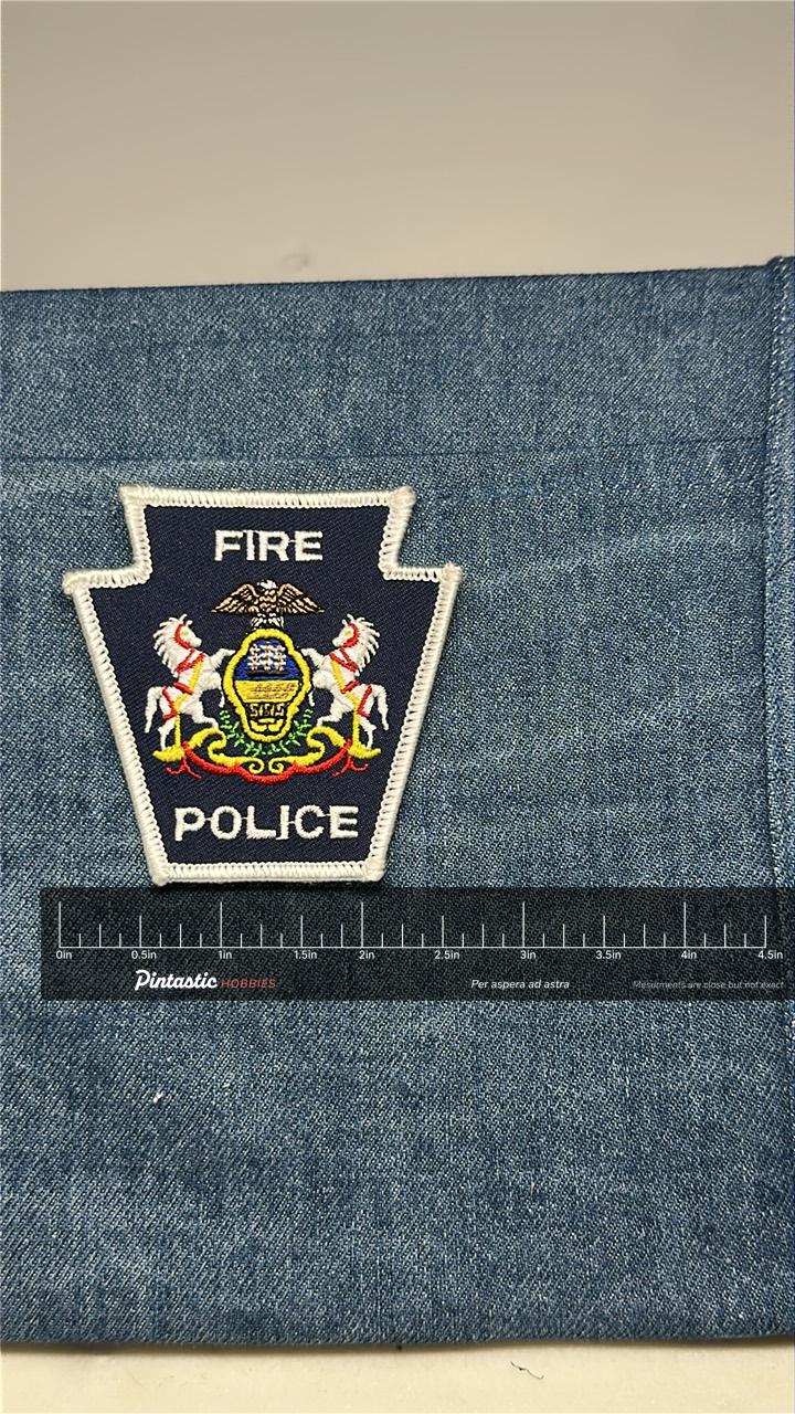Pennsylvania Fire Police Collectable Patch: Iron-On Navy Crest - Vintage Accessory with ruler overlay for size reference