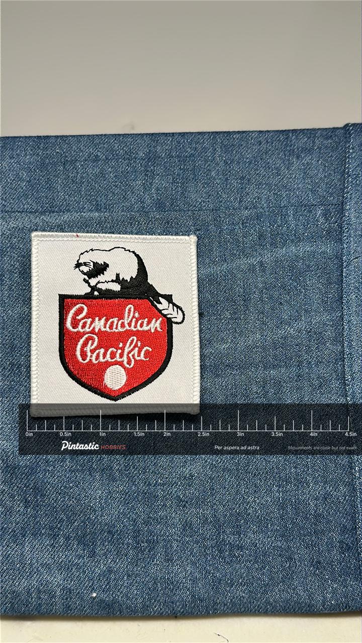 Canadian Pacific Collectable Patch: Sew-On Red Shield - Vintage Railway Accessory with ruler overlay for size reference