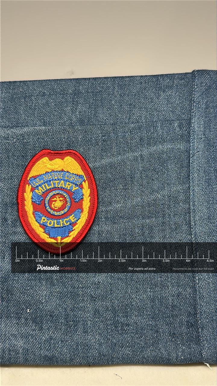USMC Military Police Collectable Patch: Iron-On Red/Gold Shield - Military Accessory with ruler overlay for size reference
