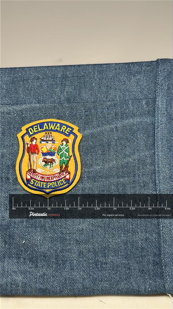 Delaware State Police Collectable Patch: Iron-On Shield Style - Vintage Law Accessory with ruler overlay for size reference