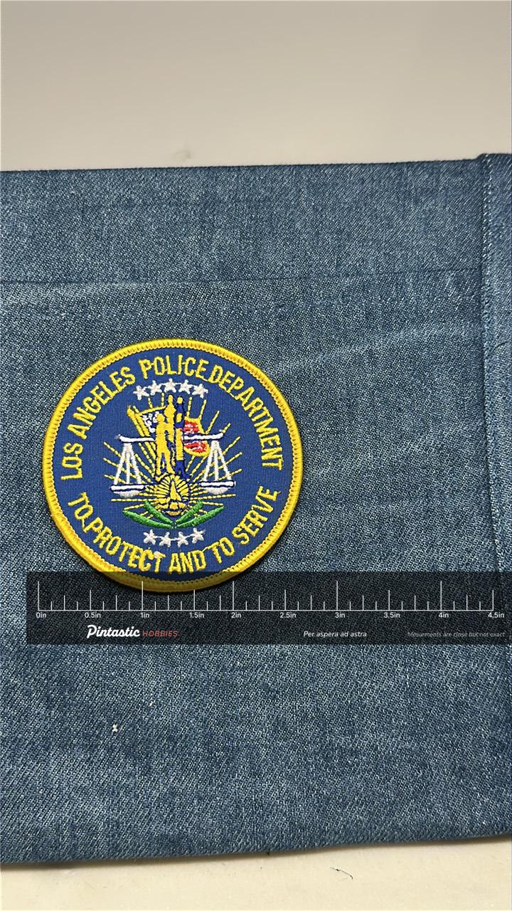 LAPD Collectable Patch: Iron-On Blue & Yellow - Law Enforcement Accessory with ruler overlay for size reference