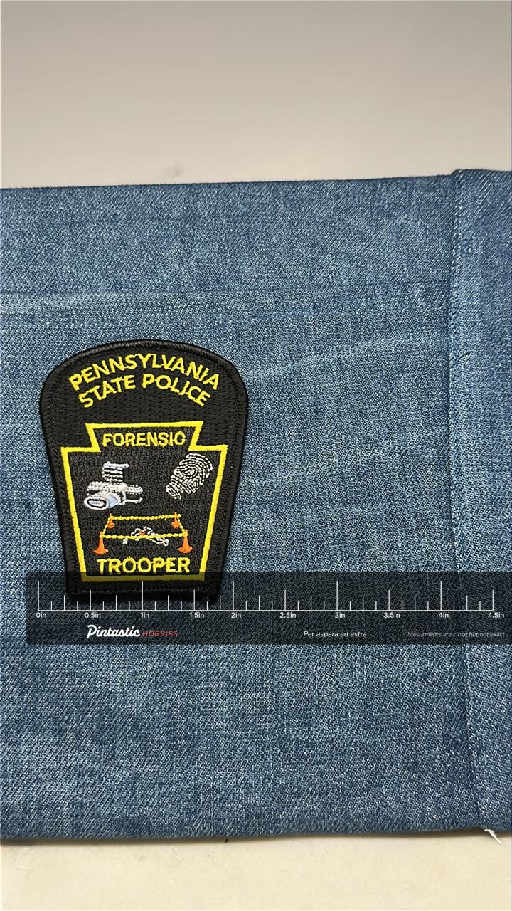 Pennsylvania State Forensic Trooper Police Patch: Iron-On Black & Yellow - Forensic Trooper with ruler overlay for size refer