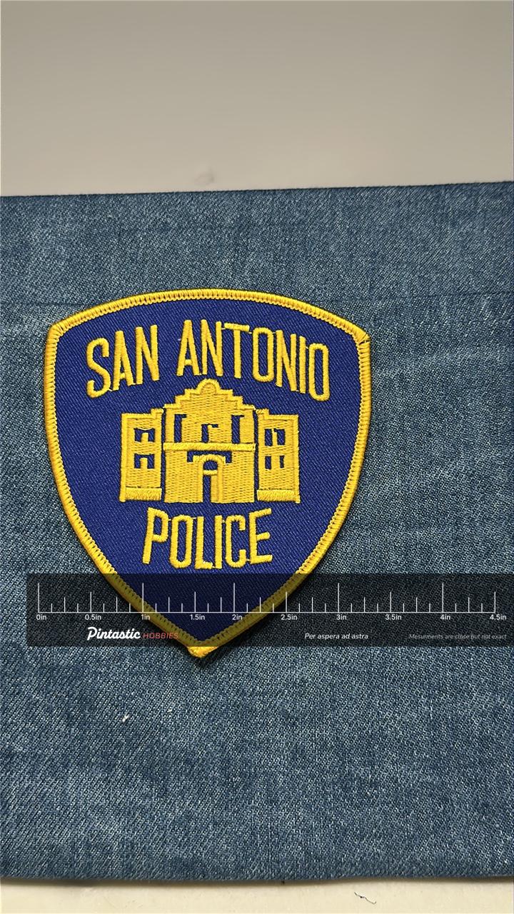 San Antonio Police Collectable Patch: Iron-On Blue/Gold - Law Enforcement Accessory with ruler overlay for size reference