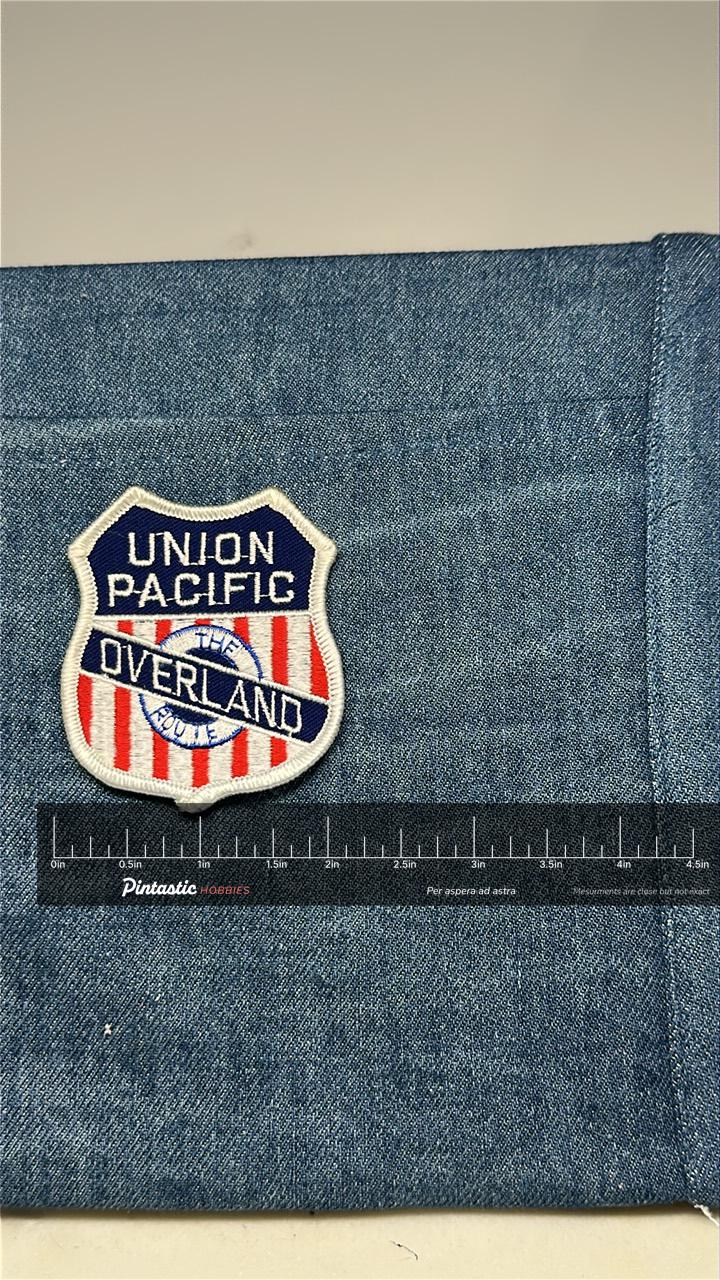 Union Pacific Overland Patch: Iron-On Shield Red White Blue - Railroad Accessory with ruler overlay for size reference