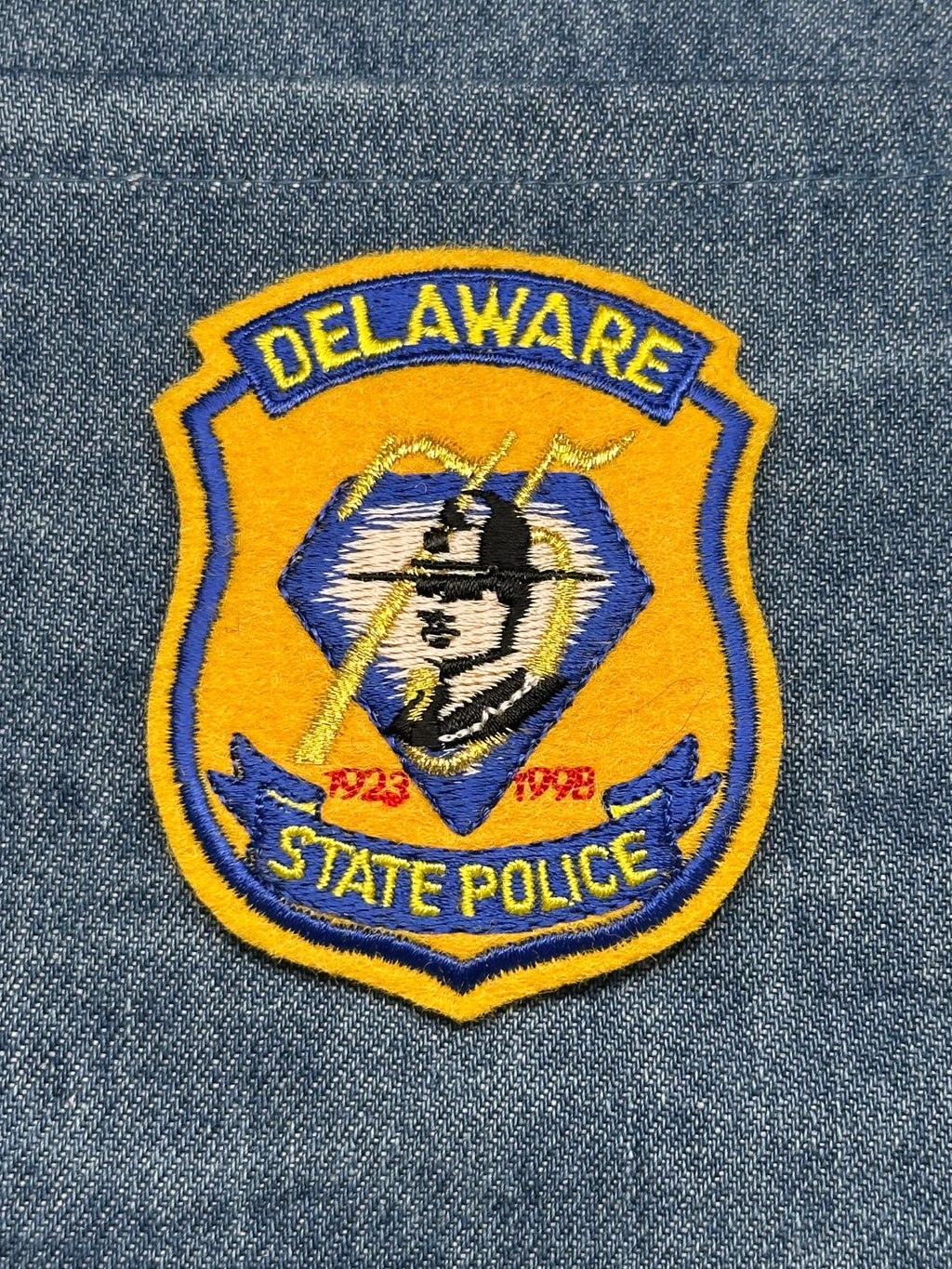 Delaware State Police Collectable Patch: Iron-On Yellow/Blue - 1923–1998 Tribute Accessory