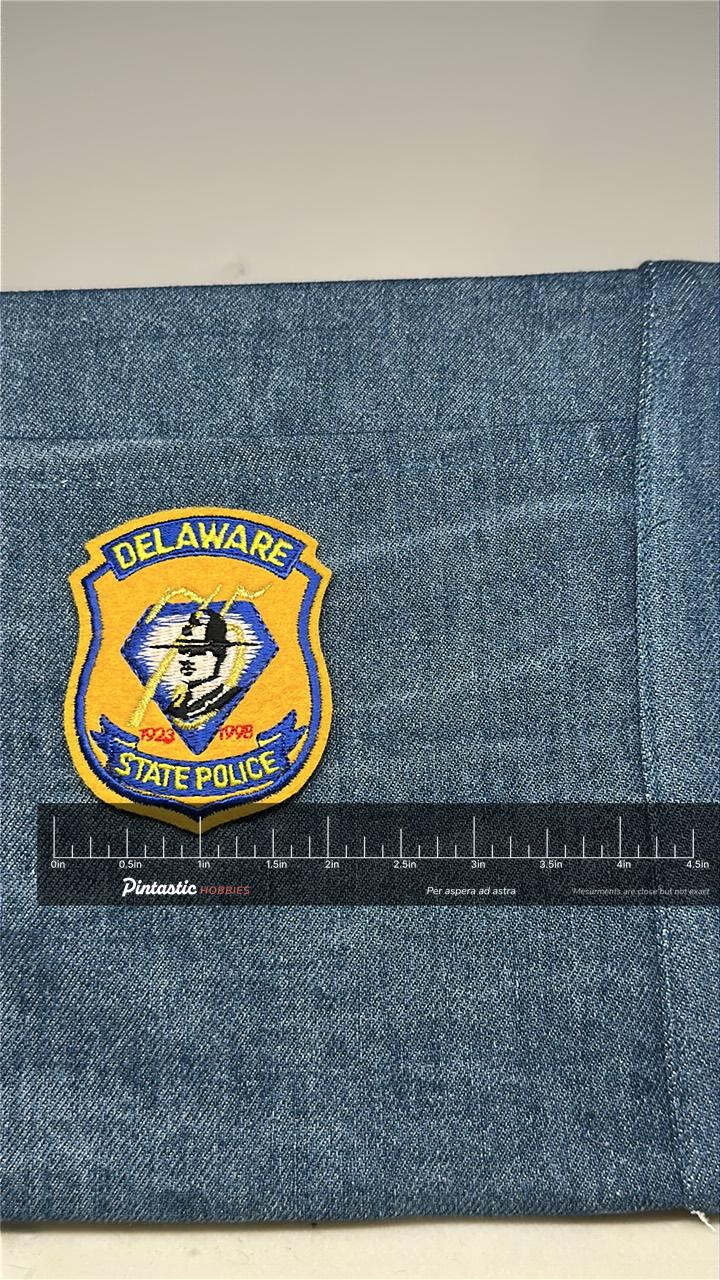 Delaware State Police Collectable Patch: Iron-On Yellow/Blue - 1923–1998 Tribute Accessory with ruler overlay for size refere