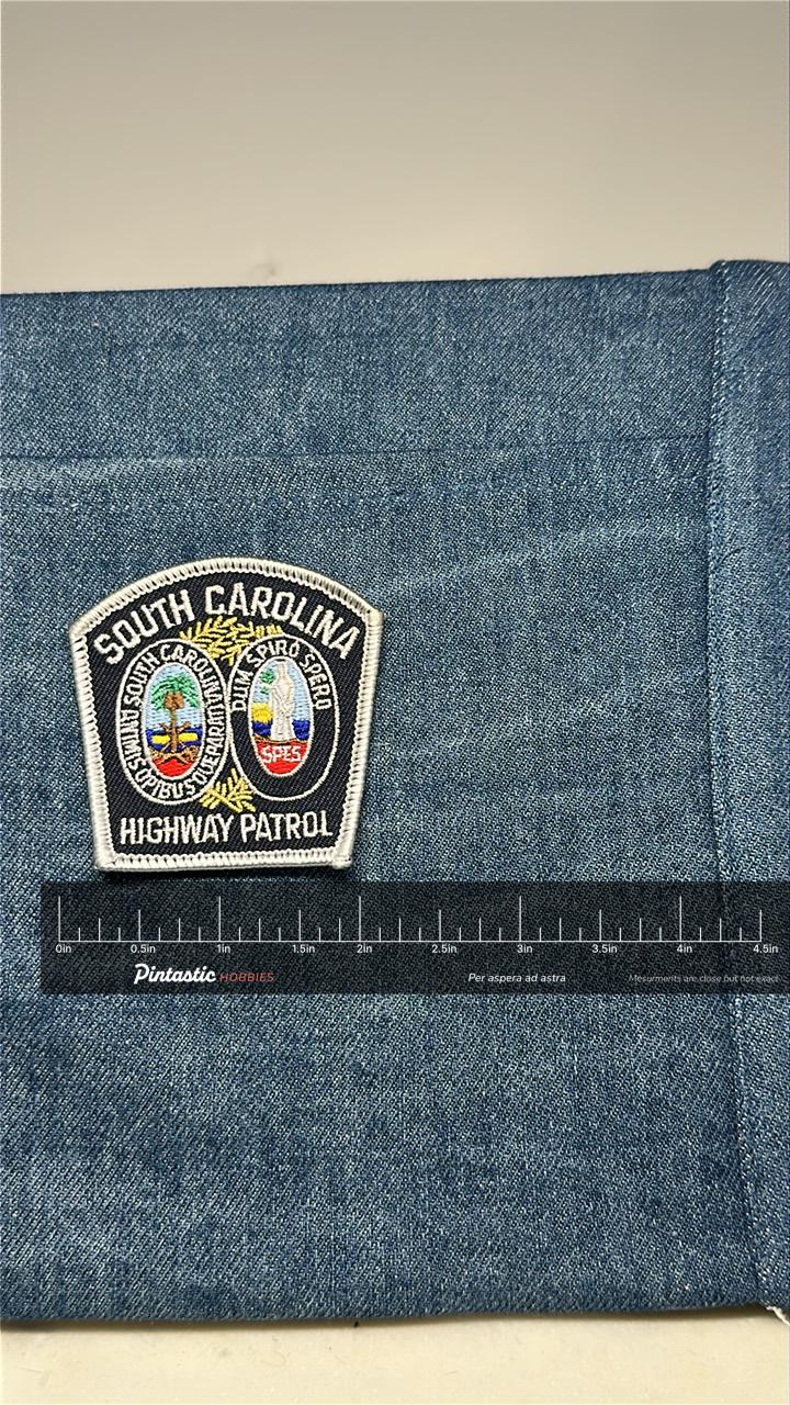 South Carolina Highway Patrol Collectable Patch: Iron-On Black/Silver - Law Enforcement Accessory with ruler overlay for size