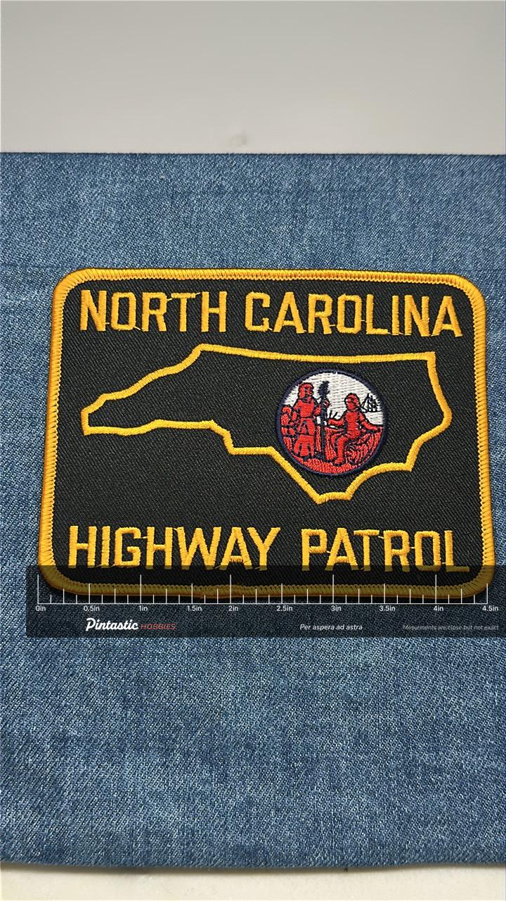 North Carolina Highway Patrol Collectable Patch: Iron-On Black/Gold - State Law Accessory with ruler overlay for size referen
