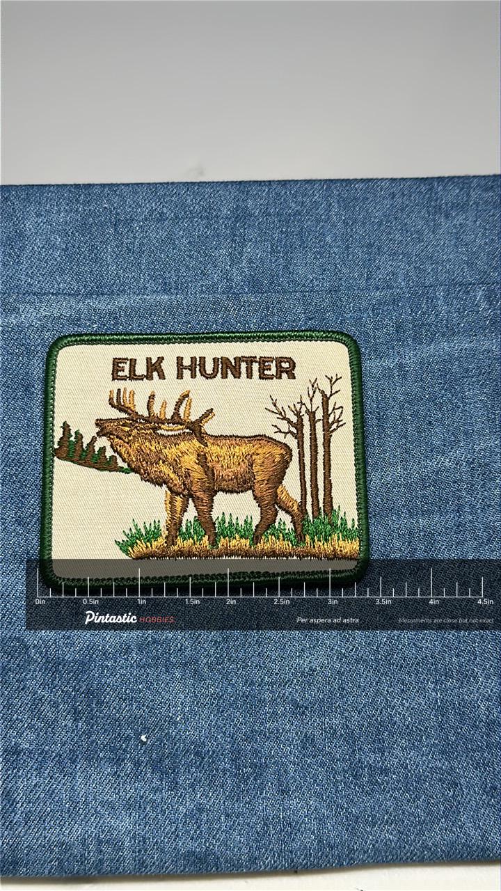 Elk Hunter Collectable Patch: Iron-On Tan-Green Finish - Outdoors Accessory with ruler overlay for size reference
