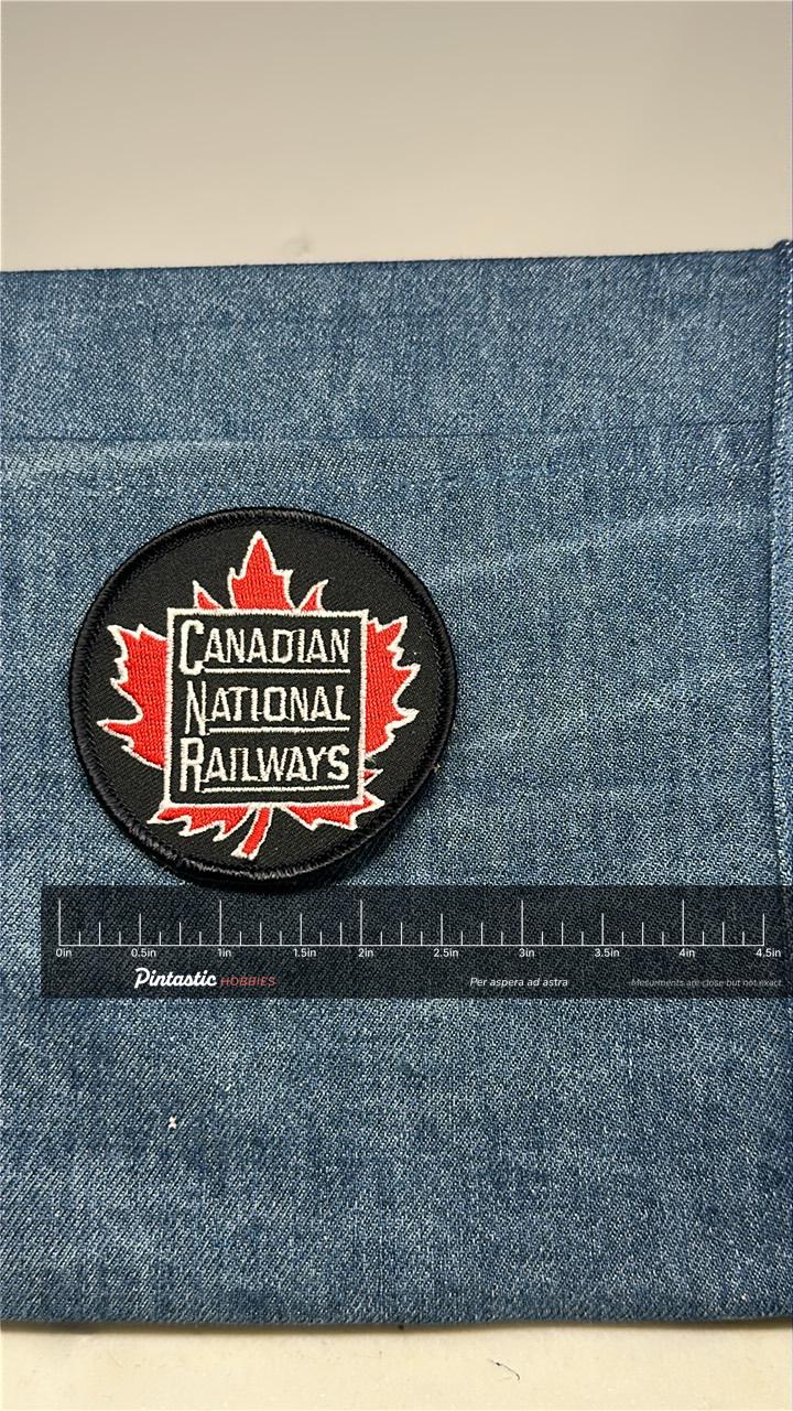Canadian National Railways Collectable Patch: Sew-On Black/Red Circle - Vintage Transport Accessory with ruler overlay for si