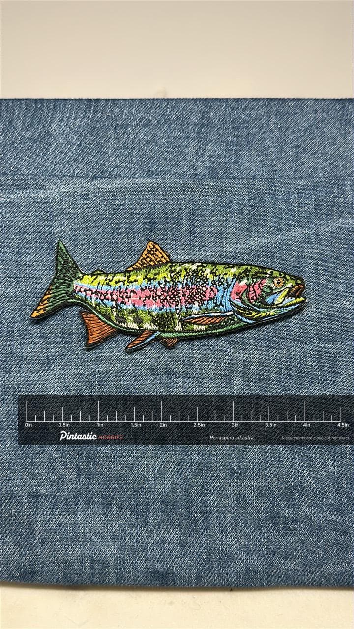 Rainbow Trout Collectable Patch: Iron-On Multicolor Finish - Outdoor Accessory with ruler overlay for size reference
