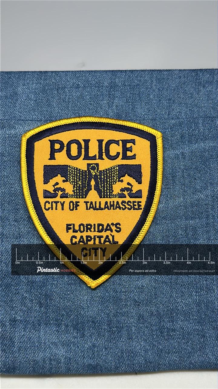 Tallahassee Police Collectable Patch: Iron-On Yellow Shield - Law Enforcement with ruler overlay for size reference