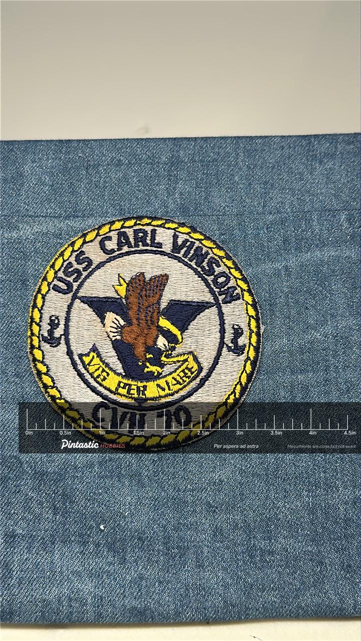 USS Carl Vinson Collectable Patch: Sew-On Navy Blue/Gold - Military Accessory with ruler overlay for size reference