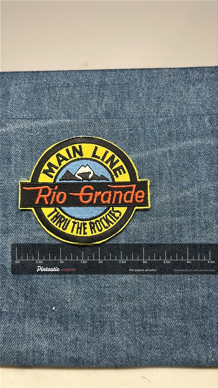 Rio Grande Main Line Patch: Iron-On Yellow Black - Railroad Accessory with ruler overlay for size reference
