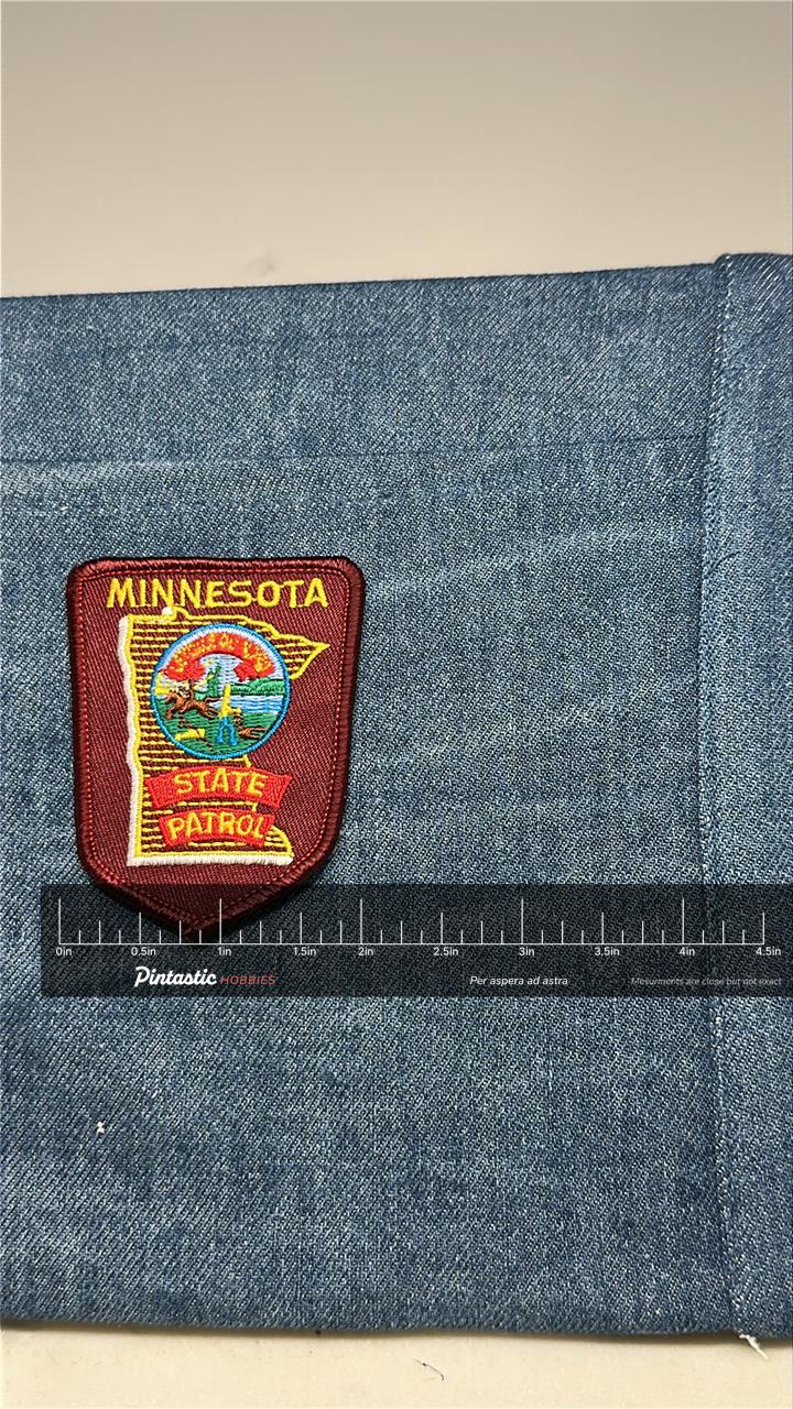 Minnesota State Patrol Collectable Patch: Iron-On Maroon Shield - Law Enforcement Accessory with ruler overlay for size refer