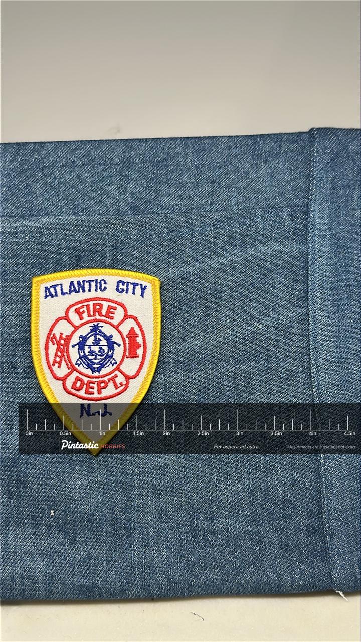 Atlantic City Fire Dept Collectable Patch: Iron-On Shield Style - Firefighter Accessory with ruler overlay for size reference
