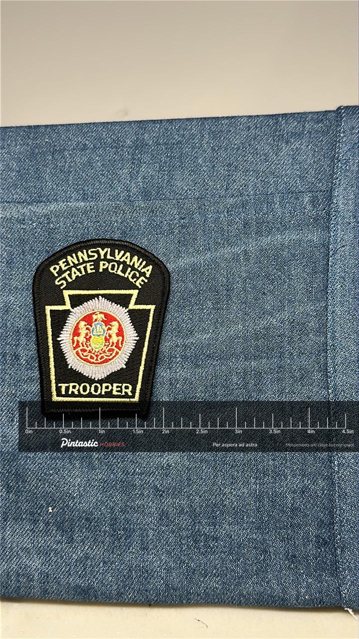 Pennsylvania State Police Trooper Collectable Patch: Iron-On Black Shield - Trooper Accessory with ruler overlay for size ref