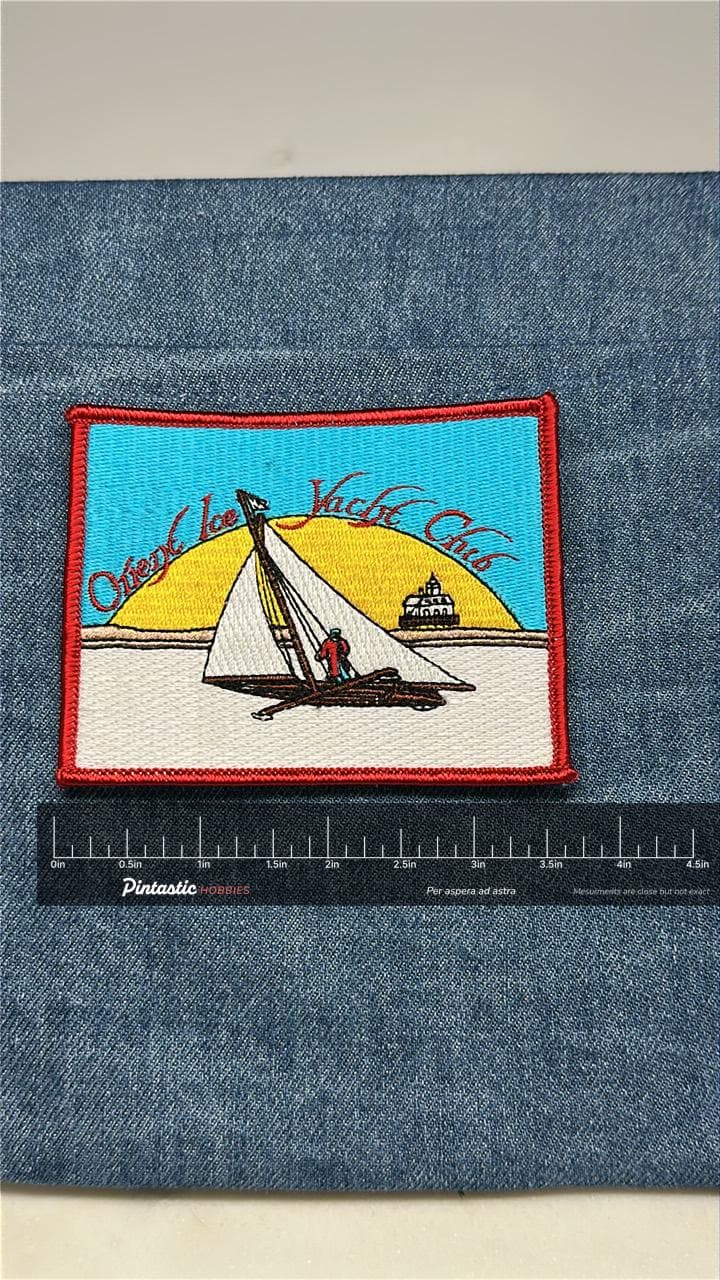 Orient Ice Yacht Club Patch: Sew-On Red Border - Nautical Accessory with ruler overlay for size reference