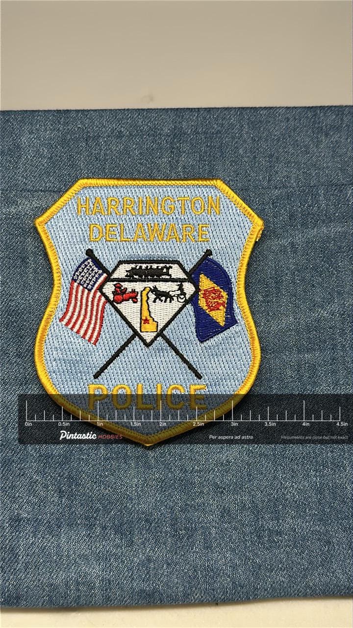 Harrington Delaware Police Collectable Patch: Sew-On Shield Style - Law Enforcement Accessory with ruler overlay for size ref