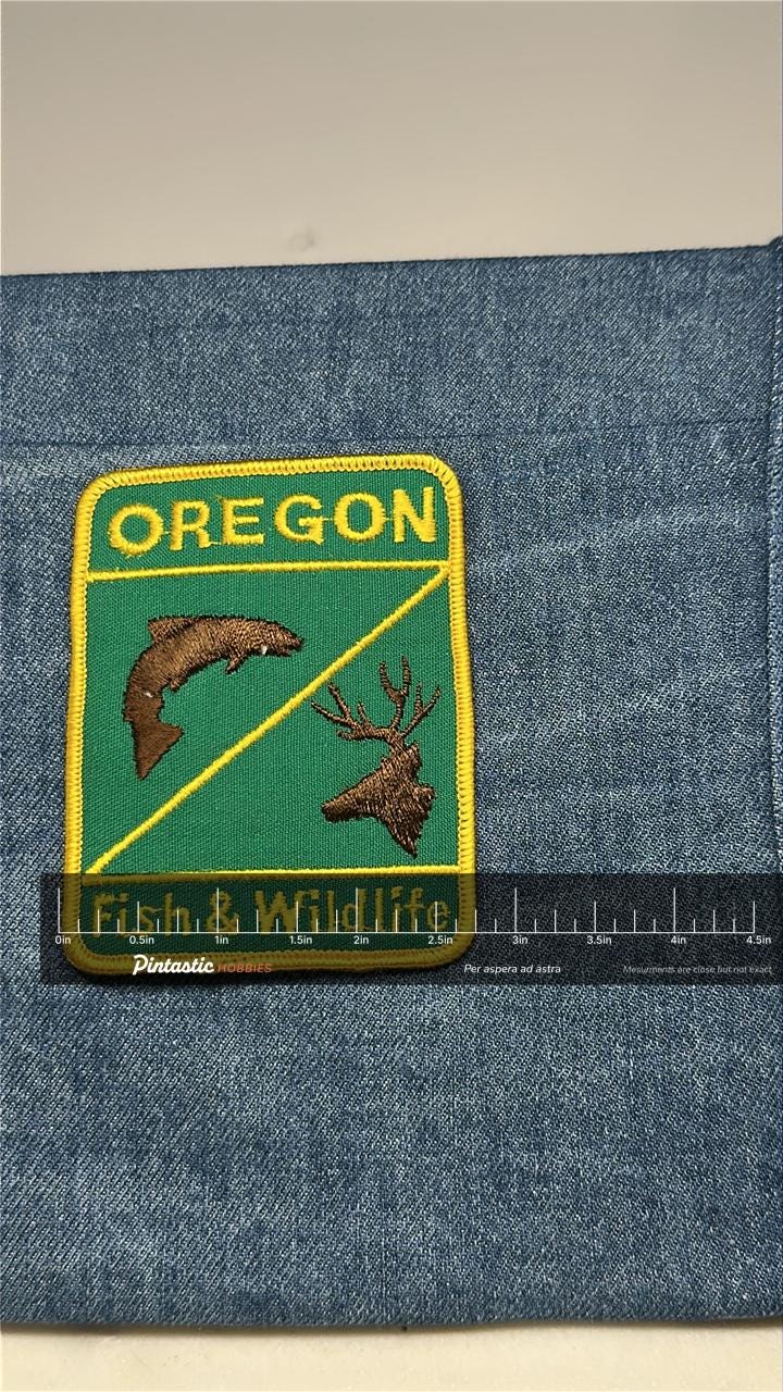 Oregon Fish & Wildlife Collectable Patch: Iron-On Green Yellow - Outdoor Accessory with ruler overlay for size reference