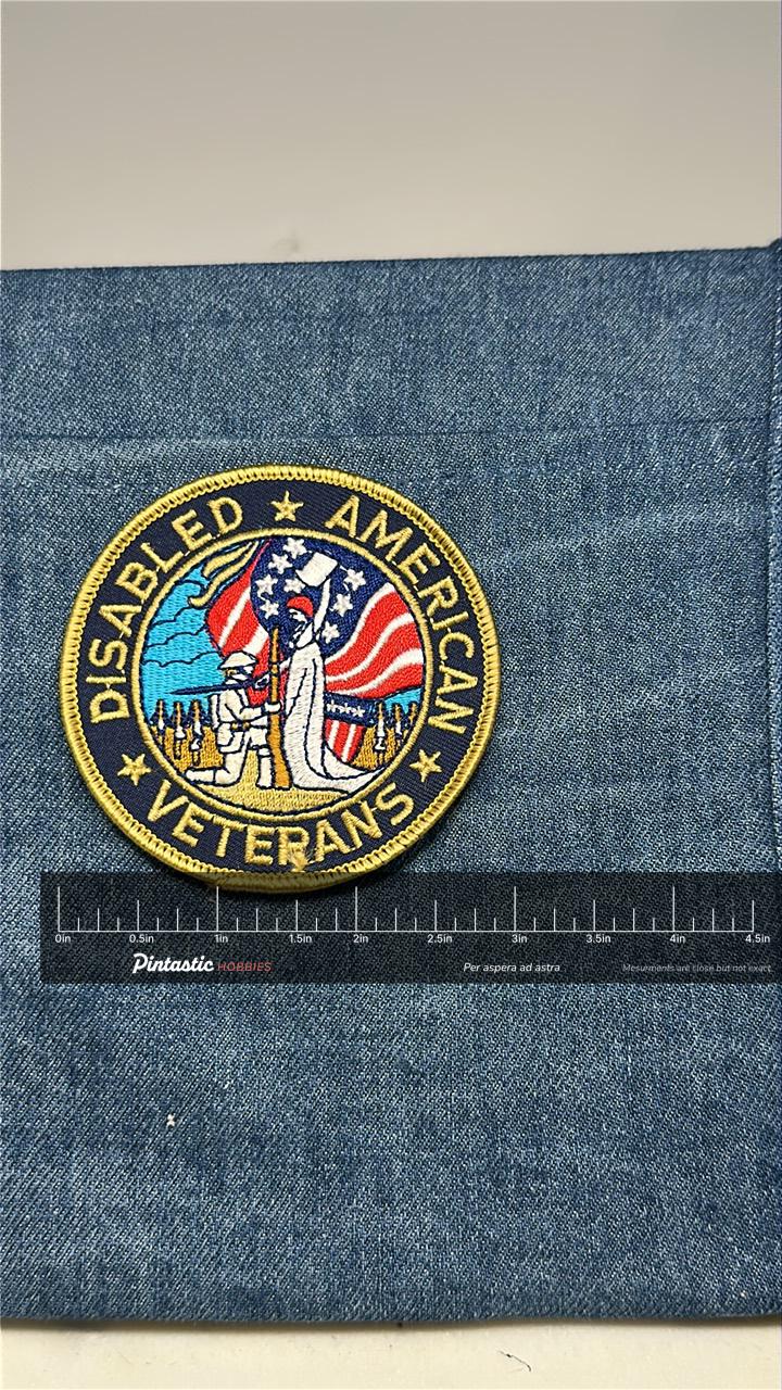 Disabled American Veterans Collectable Patch: Sew-On Gold Border - Patriotic Accessory with ruler overlay for size reference