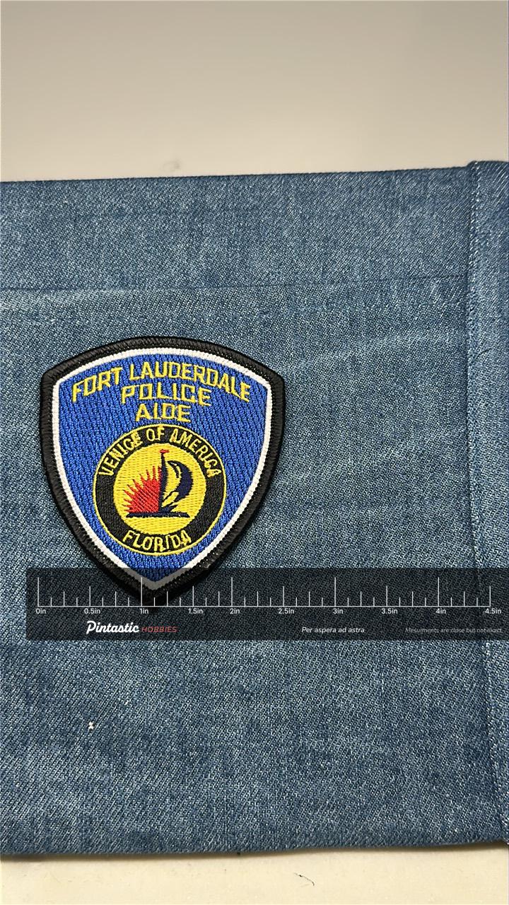 Fort Lauderdale Police Aide Collectable Patch: Iron-On Blue Shield - Florida Accessory with ruler overlay for size reference