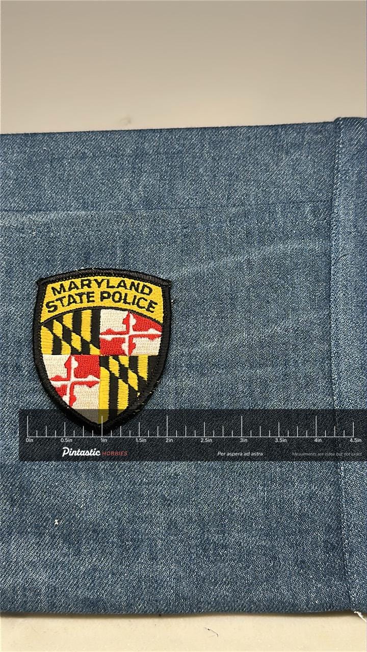 Maryland State Police Collectable Patch: Iron-On Shield Style - Law Enforcement Accessory with ruler overlay for size referen