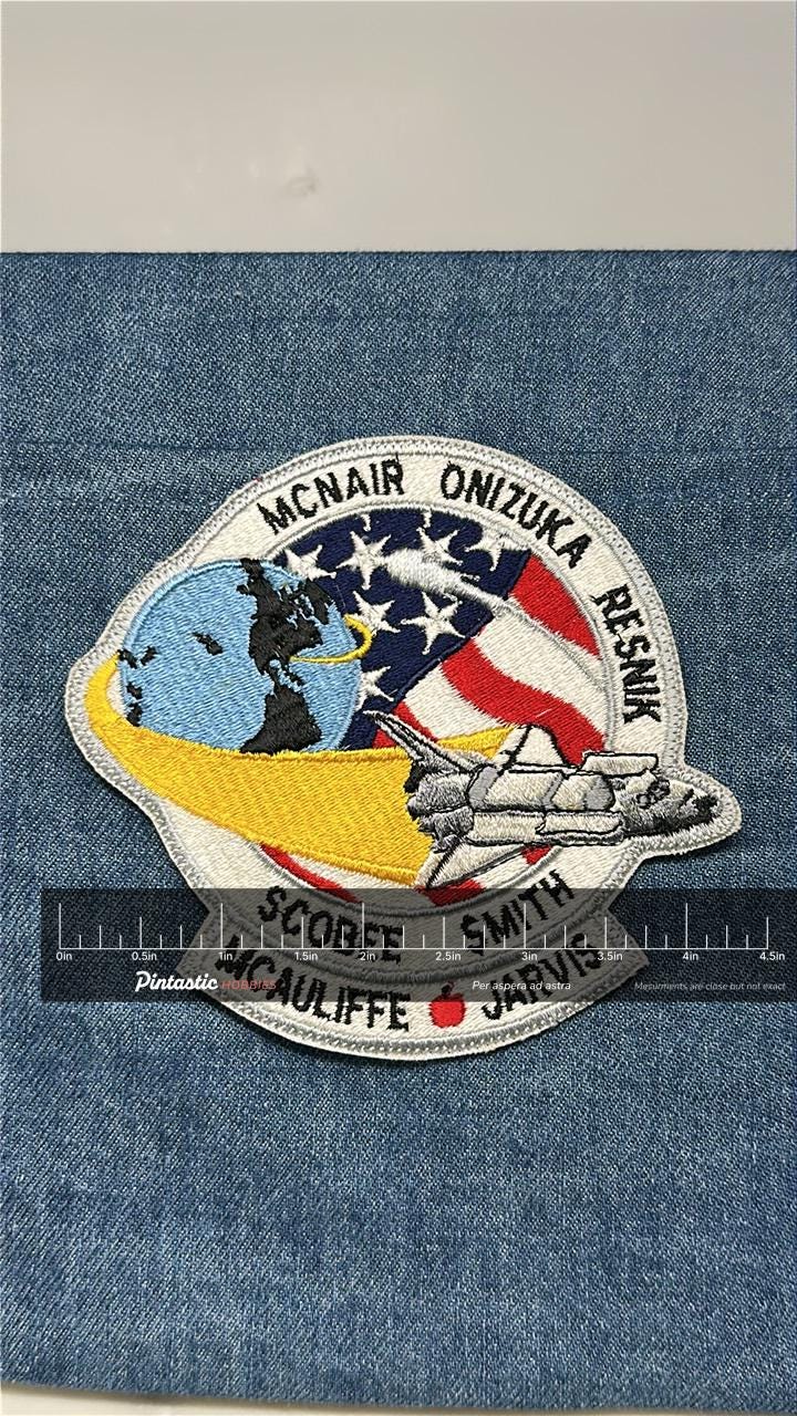 NASA Challenger STS-51L Mission Patch: Iron-On Multicolor - 1980s Space Shuttle Tribute with ruler overlay for size reference