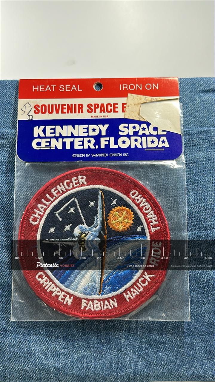 NASA Challenger STS-7 Mission Patch: Iron-On Round Red Border - 1980s Space Accessory with ruler overlay for size reference