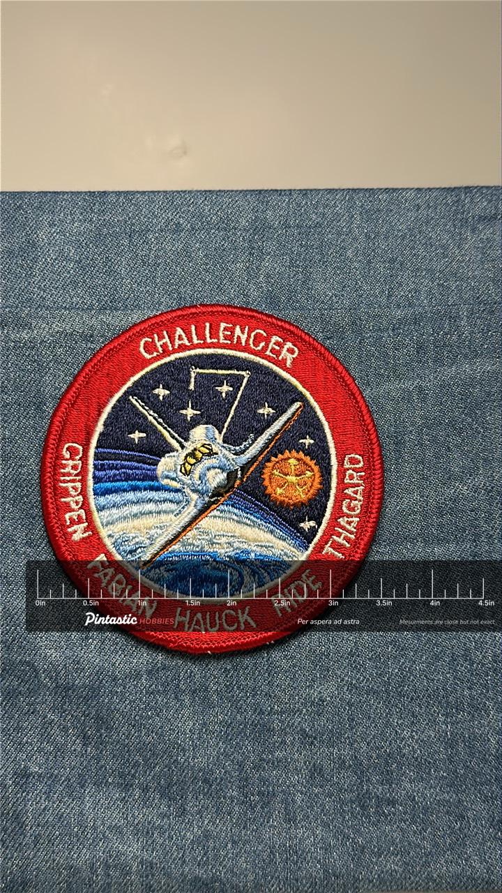 Challenger Collectable STS-7 Mission Patch: Sew-On Multicolor Circle - NASA Space Mission with ruler overlay for size referen