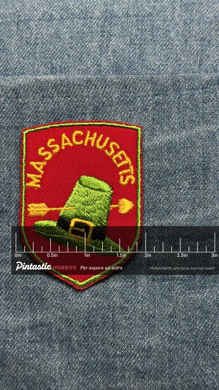 Massachusetts Collectable Patch: Sew-On Red/Green Shield - Souvenir Accessory with ruler overlay for size reference