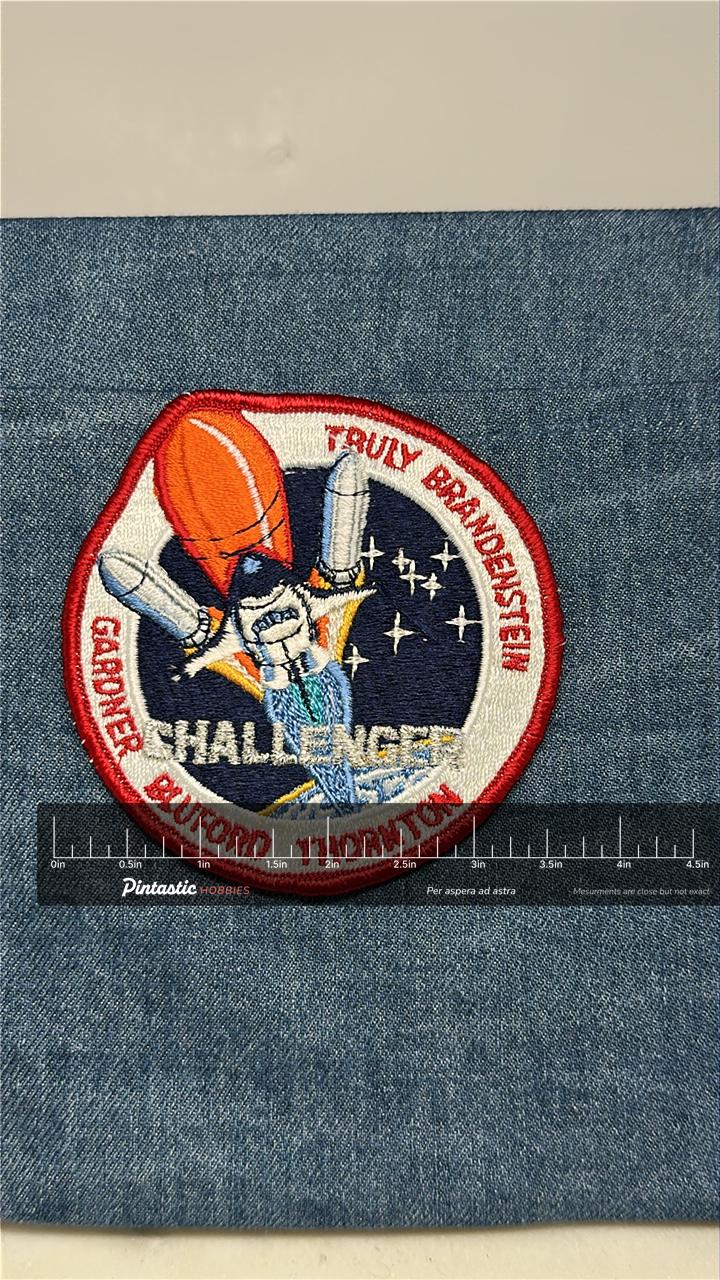 Challenger STS-8 Mission Patch: Iron-On Red Trim - NASA Shuttle Era Accessory with ruler overlay for size reference