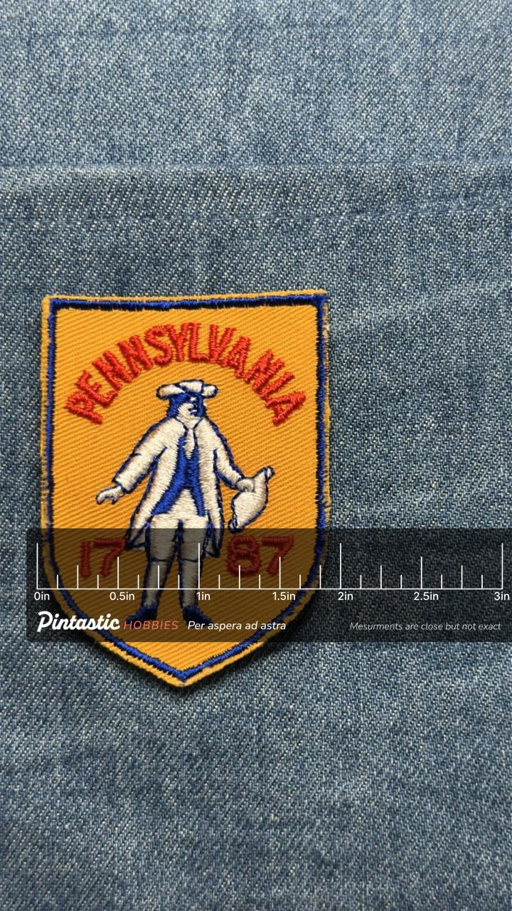 Pennsylvania Collectable Patch: Sew-On Yellow Shield - 1787 State Accessory with ruler overlay for size reference