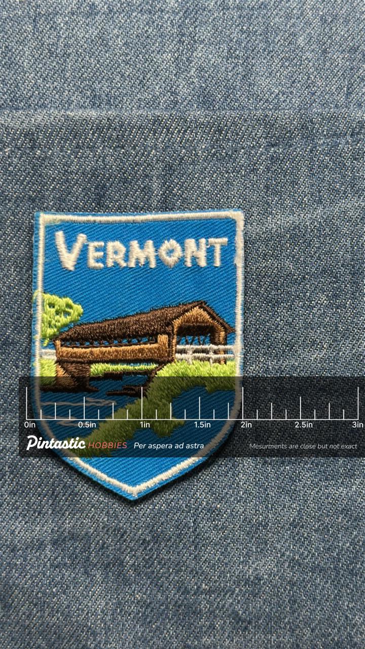 Vermont Collectable Patch: Sew-On Shield Shape - Vintage Travel Accessory with ruler overlay for size reference