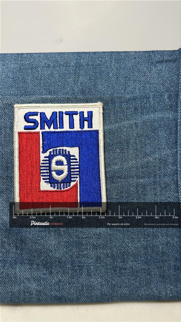 Vintage Smith Trucking Patch: Iron-On Red White Blue - Retro Accessory with ruler overlay for size reference