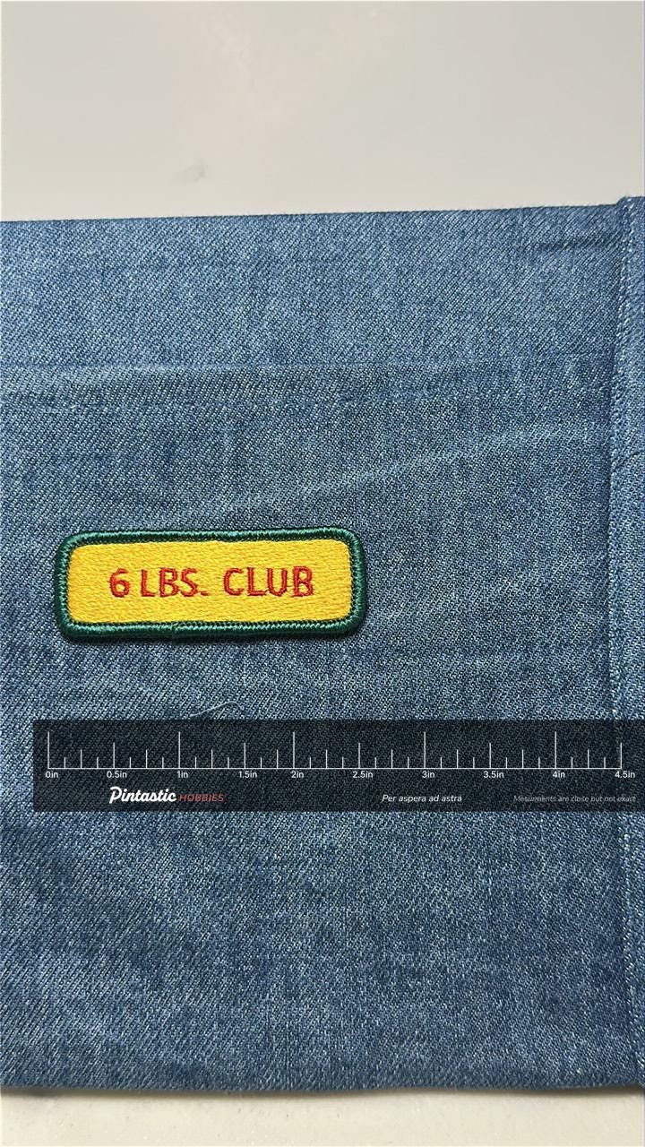 6 LBS Club Patch: Iron-On Yellow Green - Vintage Fun Accessory with ruler overlay for size reference