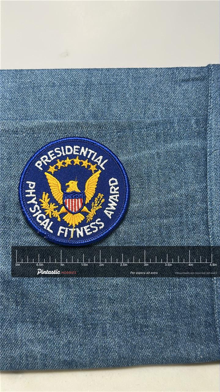 Presidential Fitness Award Collectable Patch: Iron-On Navy-Gold - Vintage Accessory with ruler overlay for size reference