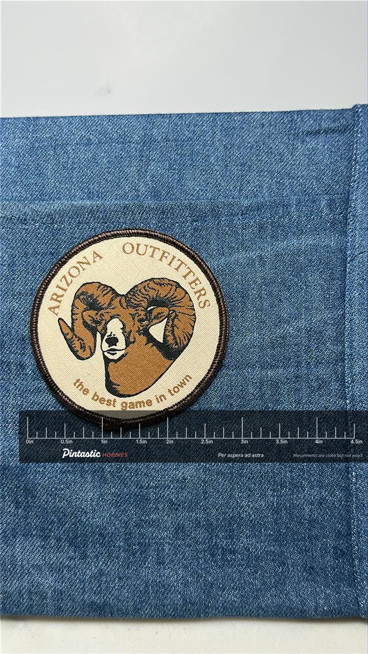 Arizona Outfitters Collectable Patch: Sew-On Tan Brown - Vintage Wildlife Accessory with ruler overlay for size reference